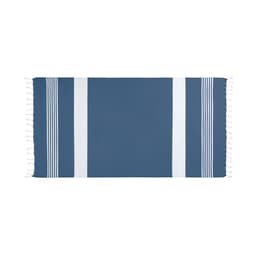 A blue bath towel with white stripes and fringed edges, featuring a logo.