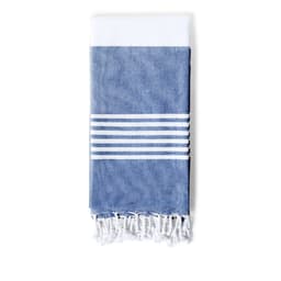 A blue and white towel featuring stripes and fringed edges, along with a logo.