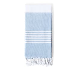 A light blue bath towel with a white stripe pattern and fringed edges. It features a logo on one side.