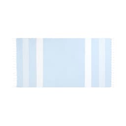A light blue towel with white stripes and fringed edges. It features a logo or branding.