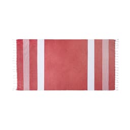 A red towel featuring white stripes and tassels at the ends, with a simple design and soft texture.