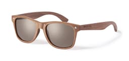 Wooden-framed sunglasses with grey lenses, featuring a logo on the arm, suitable for leisure and outdoor activities.