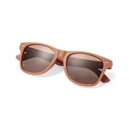 Brown sunglasses with dark lenses, featuring a unique textured design and metal accents. Includes a logo on the frame.