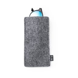 A grey felt pouch with sunglasses peeking out, featuring a logo on the side.