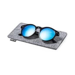 A pair of black sunglasses with blue mirrored lenses resting on a grey felt case. The case has a logo.