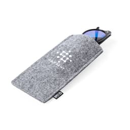 A grey pouch with sunglasses inside, featuring a logo and a tag along the side.