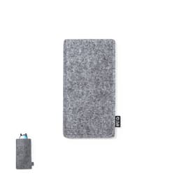 A grey felt pouch with a logo, designed to hold sunglasses or similar accessories.
