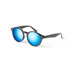Sunglasses with a black frame and mirrored blue lenses, featuring a logo on the side.