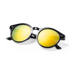 A pair of black sunglasses with reflective yellow lenses, featuring a round frame design and a logo.