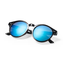 Sunglasses with black frames and blue mirrored lenses, featuring a logo on the side.