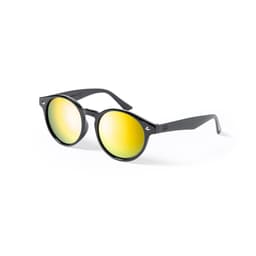 Round black sunglasses with yellow mirrored lenses, featuring a sleek design and a logo on the side.