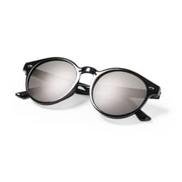 A pair of round, black sunglasses with reflective lenses and a sleek design, featuring a logo on the frame.