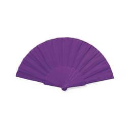A purple handheld fan with a wide, folded design. It features a circular base and a smooth texture.
