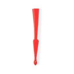 A bright red handheld fan with a sleek design and a loop handle for easy carrying.