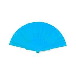 A bright blue handheld fan with a wide, flared design and a circular clasp. It features a simple logo.