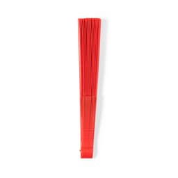 A red handheld fan featuring a series of pleats, designed for easy portability. It has a logo on the handle.