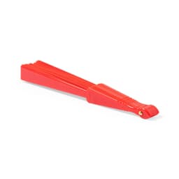A red handheld fan with a streamlined design, featuring a logo on the side.