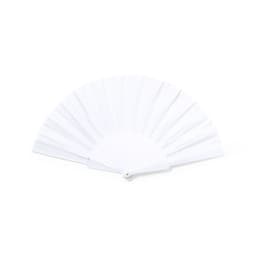 A white handheld fan with multiple pleated sections and a central pivot for easy folding.