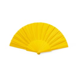 A yellow handheld fan with a pleated design, featuring a central pivot point and a smooth finish.