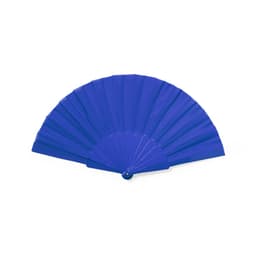 A blue handheld fan, designed with a wide, pleated structure and a central pivot point, features a branding logo.