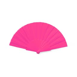 A brightly coloured pink handheld fan with multiple folds, featuring a circular handle and a branded logo.