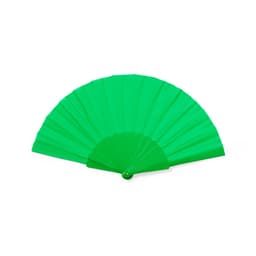 A green handheld fan with a classic folding design and a circular base. It features a logo.