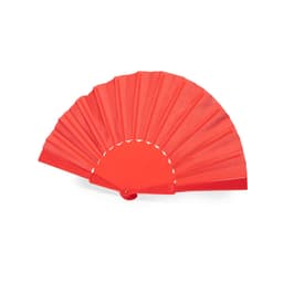 A red handheld fan with a pleated design and a circular handle. It features a logo on the handle.