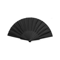 A black handheld fan with a folding design, featuring a round handle and multiple pleats for airflow.