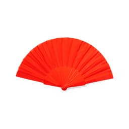 A red handheld fan with a pleated design and a round tip. It has a simple logo on the handle.
