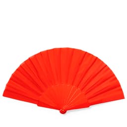 A red handheld fan with a folding design, featuring a round base and pleated sections.