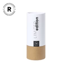 A cylindrical white and brown packaging tube with branding and a limited edition label.