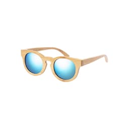 A pair of sunglasses with bamboo frames and reflective blue lenses, featuring a logo on the arm.
