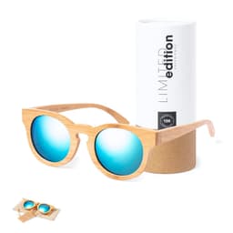 A pair of wooden framed sunglasses with blue mirrored lenses, displayed alongside a cylindrical case.