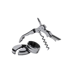 A chrome wine opener with a corkscrew and bottle stopper, featuring a sleek and shiny surface.