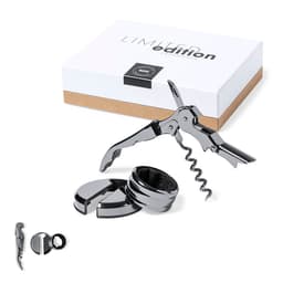 A corkscrew and wine pourer set in a sleek, chrome finish, packaged in a stylish box with a logo.