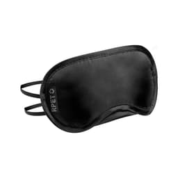 A black sleep mask with an adjustable strap and a smooth finish. It features a logo on the side.