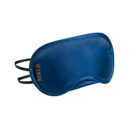 A sleep mask in a deep blue colour, featuring an elastic strap and a logo on the side.