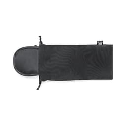 A black pouch with a rounded top, featuring a drawstring closure and a small logo.