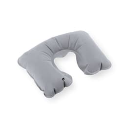 A grey neck pillow featuring a unique shape for comfort and support, with a small logo visible.