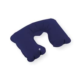 A neck pillow in navy blue with a U-shape design, featuring a soft exterior and a logo.