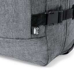 A wheeled bag in grey fabric with a buckle closure and a logo tag on the side.