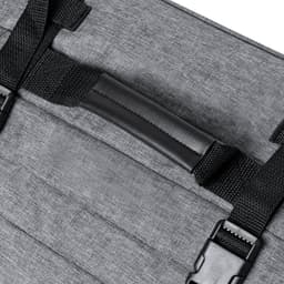 A grey wheeled bag featuring straps and a handle, designed for easy transport. It has a simple, sleek design.