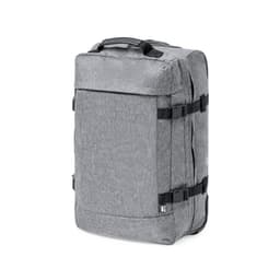 A wheeled bag in grey fabric with multiple straps and a compact design. It features a logo on the side.