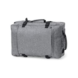 A wheeled bag in grey fabric, featuring handles and a logo, ideal for travel or storage.