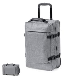 A wheeled bag in grey fabric with adjustable straps and a retractable handle. Features a logo.
