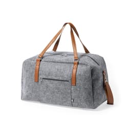 A grey felt duffle bag with brown leather straps and a side pocket, featuring a logo on the front.