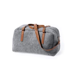 A grey felt bag with brown leather straps and handles, featuring a sturdy design and a logo.