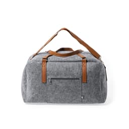 A grey felt bag with brown leather straps and a front zip pocket, featuring a logo.
