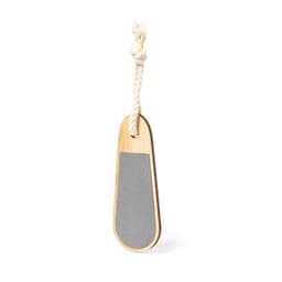 A bamboo nail file with a grey sanding surface and a looped rope for hanging.