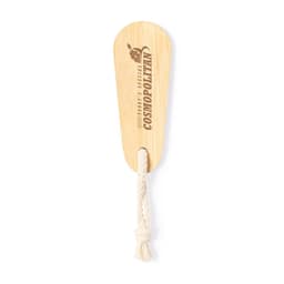 A bamboo nail file with a rope handle, featuring a branded logo.